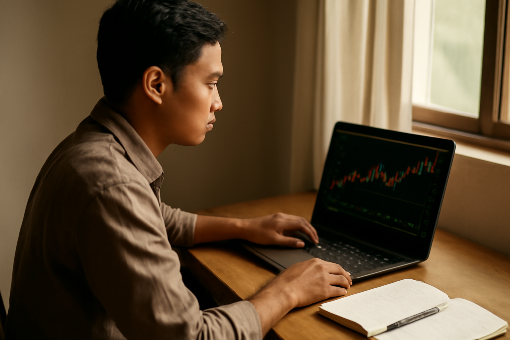Investor pemula mencatat rencana investasi saham sambil melihat grafik di laptop
