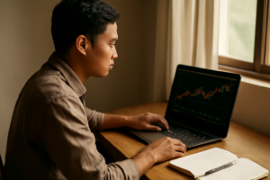 Investor pemula mencatat rencana investasi saham sambil melihat grafik di laptop