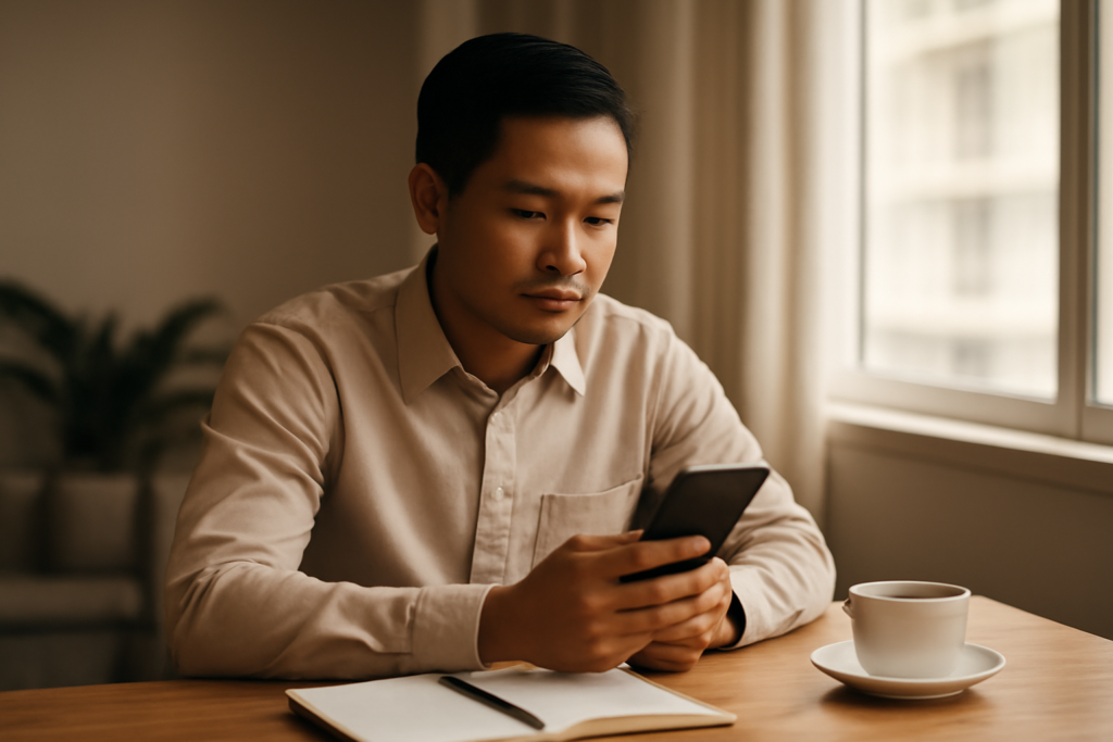 Seorang pemula memeriksa aplikasi investasi saham di ponsel sambil mencatat rencana keuangannya
