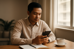 Seorang pemula memeriksa aplikasi investasi saham di ponsel sambil mencatat rencana keuangannya