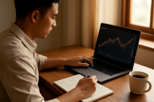 Pemula menyusun daftar saham dan meninjau komposisi portofolio investasi di meja kerja