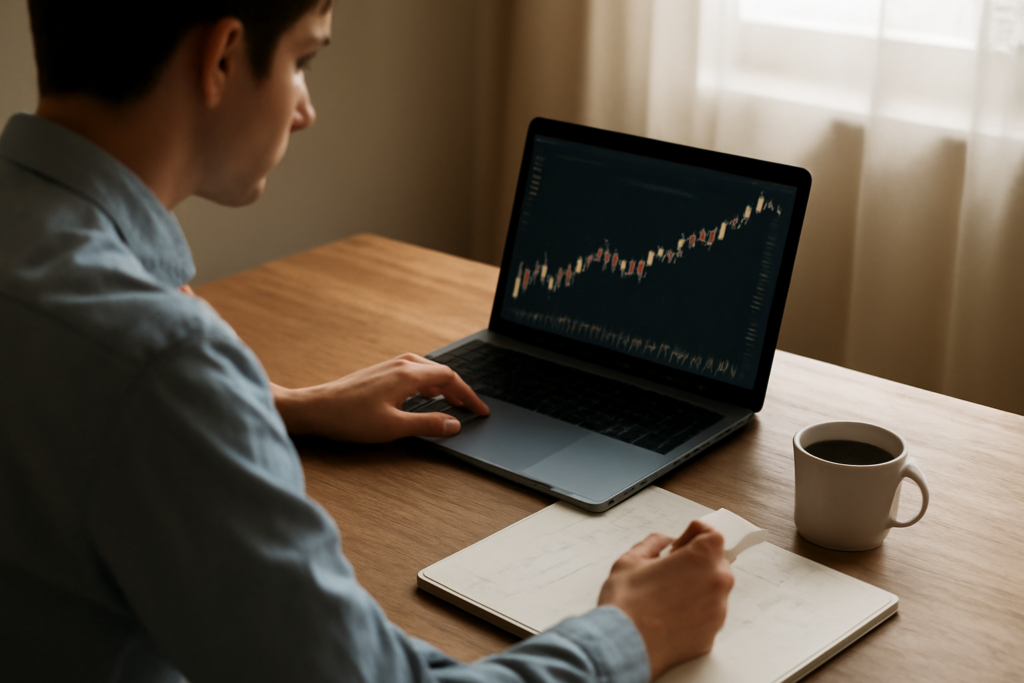Investor pemula memantau pergerakan harga saham melalui laptop di meja kerja