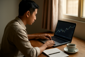 Investor pemula memantau grafik saham di laptop sambil mencatat di buku
