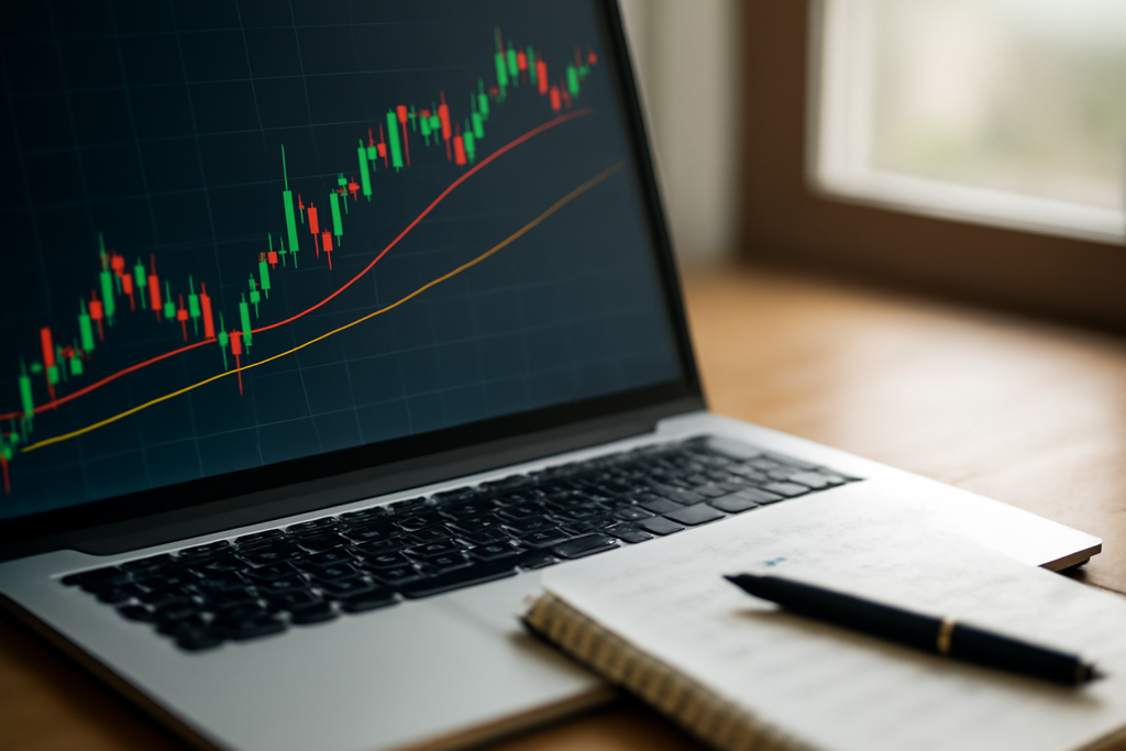 Layar laptop menampilkan grafik pergerakan saham candlestick dengan garis moving average, buku catatan, dan pena di meja kayu.