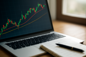 Layar laptop menampilkan grafik pergerakan saham candlestick dengan garis moving average, buku catatan, dan pena di meja kayu.