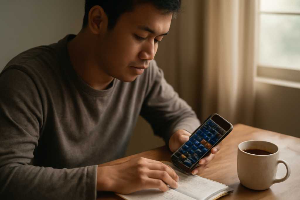 Pemula memantau aplikasi saham di ponsel sambil mencatat anggaran modal kecil