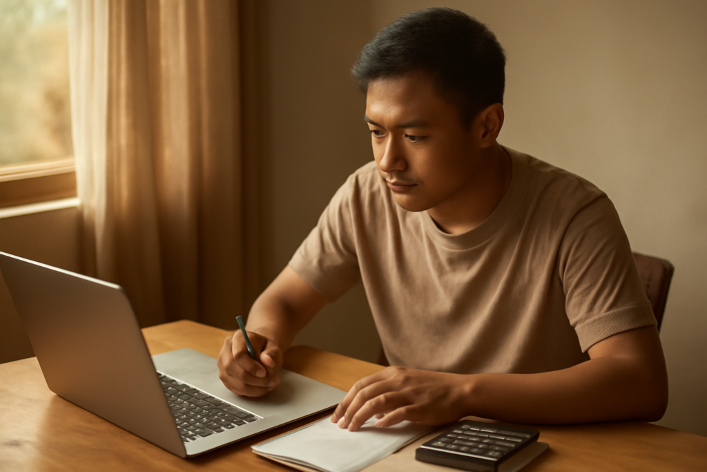 Pemula menghitung rasio valuasi saham dengan kalkulator dan catatan di meja kerja