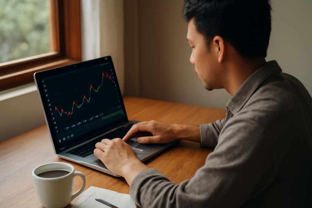 Pemula sedang melihat grafik saham di laptop untuk memulai investasi