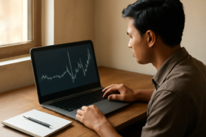 Investor muda membandingkan grafik saham blue chip dan saham gorengan di layar laptop