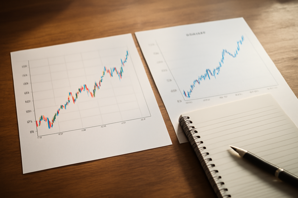 Ilustrasi perbandingan grafik saham perbankan dan energi di atas meja kerja